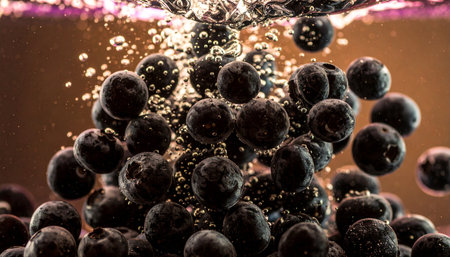 Blueberries submerged in carbonated water, fizzy purple halosの素材