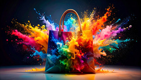 Paint splash shaped like a shopping bag, colours morphing into dollar currency symbols. colourful futuristic, scifi styleの素材