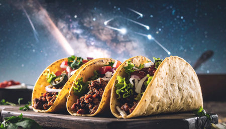 Mexican food night sky with spicy celestial events. Taco based food conceptの素材