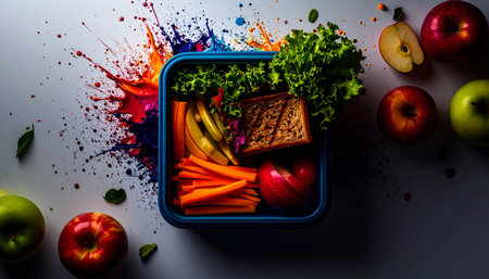 Open lunchbox with healthy school meal including sandwich, apple slices, and carrot sticks, placed on clean white surface, bright colors, photorealistic studio lighting, top down viewの素材