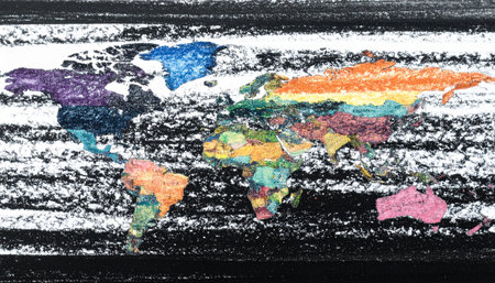 Large colorful world map hanging on a classroom wall, labeled continents and oceans, educational setting with bright lighting, back to school themeの素材