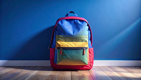 Vibrant colored backpack leaning against a chalkboard wall, wooden floor below, soft shadows and minimal school environment, ready for back to schoolの素材