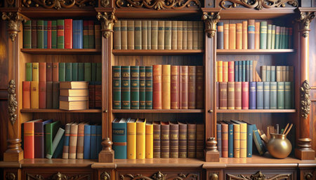 Wooden bookshelf stacked with colorful textbooks, binders, and school supplies, neatly arranged, educational space vibe, back to school preparationの素材