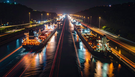 Time lapse of cargo ships crossing the Panama Canal at night, their lights tracing the routeの素材