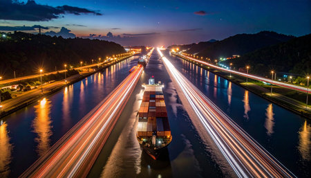 Time lapse of cargo ships crossing the Panama Canal at night, their lights tracing the routeの素材