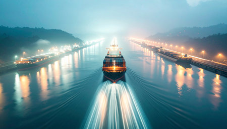 Time lapse of cargo ships crossing the Panama Canal at night, their lights tracing the routeの素材