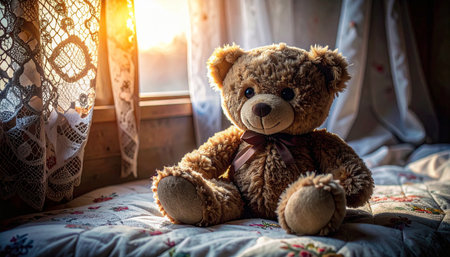 Close up of an antique mohair teddy bear with glass eyes sitting on a hand stitched floral quilt, morning sunlight streaming through lace curtains, nostalgic childhood memory atmosphere.の素材