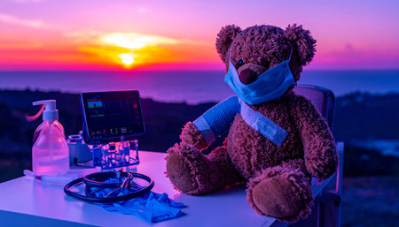 Close up of a well- oved teddy bear with a stitched-up arm sitting on a miniature doctor's bench, tiny medical tools (scissors, bandages) nearby, soft focus on the bear's worn fur, heartwarming Teddy Bear Day concept.の素材