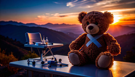 Close up of a well- oved teddy bear with a stitched-up arm sitting on a miniature doctor's bench, tiny medical tools (scissors, bandages) nearby, soft focus on the bear's worn fur, heartwarming Teddy Bear Day concept.の素材