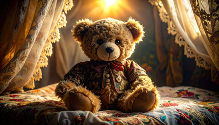 Close up of an antique mohair teddy bear with glass eyes sitting on a hand stitched floral quilt, morning sunlight streaming through lace curtains, nostalgic childhood memory atmosphere.の素材