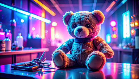 Close up of a well- oved teddy bear with a stitched-up arm sitting on a miniature doctor's bench, tiny medical tools (scissors, bandages) nearby, soft focus on the bear's worn fur, heartwarming Teddy Bear Day concept.の素材