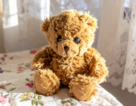 Close up of an antique mohair teddy bear with glass eyes sitting on a hand stitched floral quilt, morning sunlight streaming through lace curtains, nostalgic childhood memory atmosphere.の素材