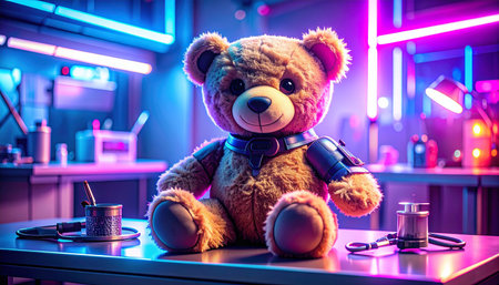 Close up of a well- oved teddy bear with a stitched-up arm sitting on a miniature doctor's bench, tiny medical tools (scissors, bandages) nearby, soft focus on the bear's worn fur, heartwarming Teddy Bear Day concept.の素材