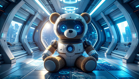 Close up of an antique mohair teddy bear with glass eyes sitting on a hand stitched floral quilt, morning sunlight streaming through lace curtains, nostalgic childhood memory atmosphere.の素材