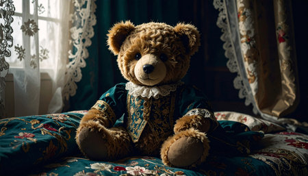 Close up of an antique mohair teddy bear with glass eyes sitting on a hand stitched floral quilt, morning sunlight streaming through lace curtains, nostalgic childhood memory atmosphere.の素材