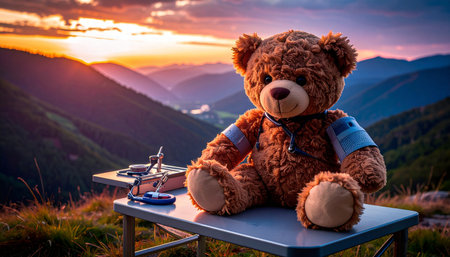 Close up of a well- oved teddy bear with a stitched-up arm sitting on a miniature doctor's bench, tiny medical tools (scissors, bandages) nearby, soft focus on the bear's worn fur, heartwarming Teddy Bear Day concept.の素材