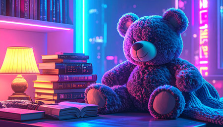 Cozy corner with a large teddy bear propped against a stack of classic children's books Winnie the Pooh, knitted blanket and round glasses placed nearbyの素材