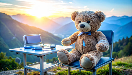 Close up of a well- oved teddy bear with a stitched-up arm sitting on a miniature doctor's bench, tiny medical tools (scissors, bandages) nearby, soft focus on the bear's worn fur, heartwarming Teddy Bear Day concept.の素材