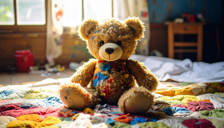 Close up of an antique mohair teddy bear with glass eyes sitting on a hand stitched floral quilt, morning sunlight streaming through lace curtains, nostalgic childhood memory atmosphere.の素材