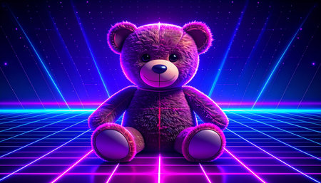 Close up of an antique mohair teddy bear with glass eyes sitting on a hand stitched floral quilt, morning sunlight streaming through lace curtains, nostalgic childhood memory atmosphere.の素材