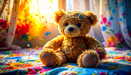 Close up of an antique mohair teddy bear with glass eyes sitting on a hand stitched floral quilt, morning sunlight streaming through lace curtains, nostalgic childhood memory atmosphere.の素材