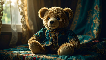 Close up of an antique mohair teddy bear with glass eyes sitting on a hand stitched floral quilt, morning sunlight streaming through lace curtains, nostalgic childhood memory atmosphere.の素材