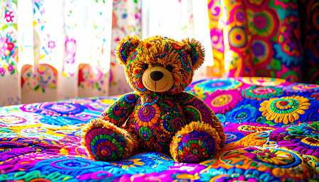 Close up of an antique mohair teddy bear with glass eyes sitting on a hand stitched floral quilt, morning sunlight streaming through lace curtains, nostalgic childhood memory atmosphere.の素材