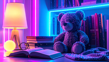 Cozy corner with a large teddy bear propped against a stack of classic children's books Winnie the Pooh, knitted blanket and round glasses placed nearbyの素材