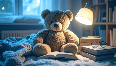 Cozy corner with a large teddy bear propped against a stack of classic children's books Winnie the Pooh, knitted blanket and round glasses placed nearbyの素材