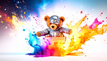 Creative shot of a teddy bear wearing a foil "space helmet" inside a cardboard box spaceship decorated with star stickers, flashlight creating galaxy lighting effects, imaginative play concept.の素材