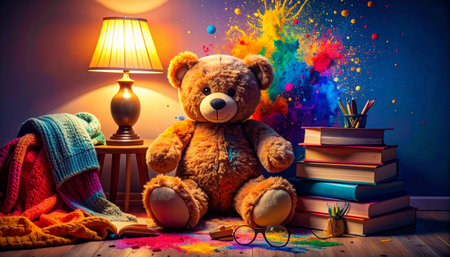 Cozy corner with a large teddy bear propped against a stack of classic children's books Winnie the Pooh, knitted blanket and round glasses placed nearbyの素材