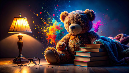 Cozy corner with a large teddy bear propped against a stack of classic children's books Winnie the Pooh, knitted blanket and round glasses placed nearbyの素材