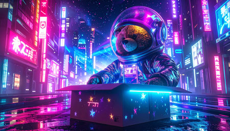 Creative shot of a teddy bear wearing a foil "space helmet" inside a cardboard box spaceship decorated with star stickers, flashlight creating galaxy lighting effects, imaginative play concept.の素材