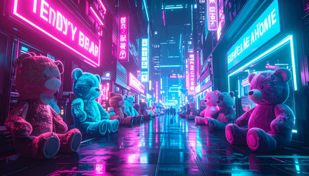 Heartwarming wide shot of a Teddy Bear Adoption booth at a fair, with rows of plush bears sitting on shelvesの素材