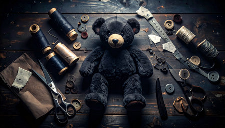 Flat lay of unfinished teddy bear parts (felt pieces, buttons, stuffing) arranged on a rustic wooden table with sewing tools, measuring tape, and thread spools, soft natural lightの素材