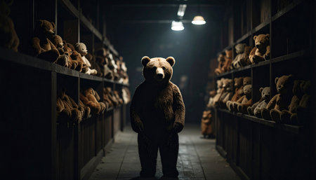 Heartwarming wide shot of a Teddy Bear Adoption booth at a fair, with rows of plush bears sitting on shelvesの素材