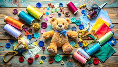 Flat lay of unfinished teddy bear parts (felt pieces, buttons, stuffing) arranged on a rustic wooden table with sewing tools, measuring tape, and thread spools, soft natural lightの素材