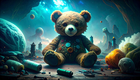 Flat lay of unfinished teddy bear parts (felt pieces, buttons, stuffing) arranged on a rustic wooden table with sewing tools, measuring tape, and thread spools, soft natural lightの素材