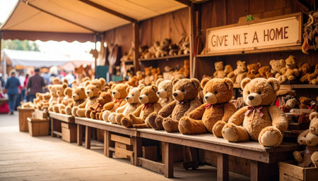 Heartwarming wide shot of a Teddy Bear Adoption booth at a fair, with rows of plush bears sitting on shelvesの素材