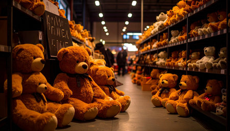 Heartwarming wide shot of a Teddy Bear Adoption booth at a fair, with rows of plush bears sitting on shelvesの素材