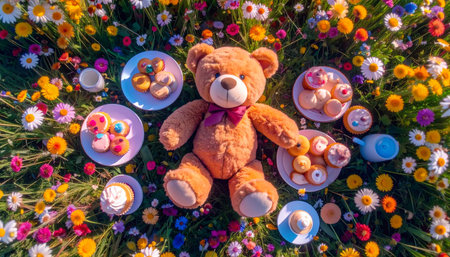 Overhead drone shot of a classic teddy bear surrounded by miniature tea set and fake cupcakes in a grassy meadow, dandelions and daisies scattered around, golden hour lighting, whimsical Teddy Bear Day celebration.の素材