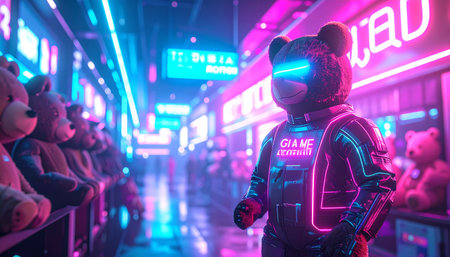 Heartwarming wide shot of a Teddy Bear Adoption booth at a fair, with rows of plush bears sitting on shelvesの素材