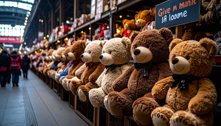 Heartwarming wide shot of a Teddy Bear Adoption booth at a fair, with rows of plush bears sitting on shelvesの素材