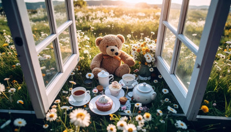 Overhead drone shot of a classic teddy bear surrounded by miniature tea set and fake cupcakes in a grassy meadow, dandelions and daisies scattered around, golden hour lighting, whimsical Teddy Bear Day celebration.の素材