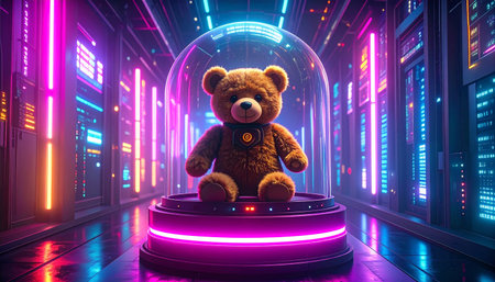 Low angle shot of a 1900s Steiff teddy bear under glass dome, vintage label with 1903 visible, velvet pedestal, dramatic gallery lighting, cultural heritage ambiance.の素材