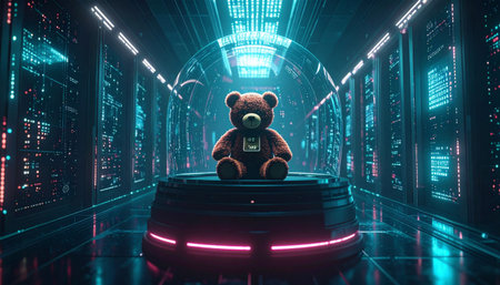 Low angle shot of a 1900s Steiff teddy bear under glass dome, vintage label with 1903 visible, velvet pedestal, dramatic gallery lighting, cultural heritage ambiance.の素材