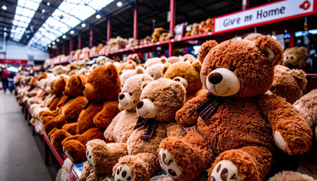 Heartwarming wide shot of a Teddy Bear Adoption booth at a fair, with rows of plush bears sitting on shelvesの素材