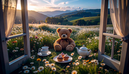 Overhead drone shot of a classic teddy bear surrounded by miniature tea set and fake cupcakes in a grassy meadow, dandelions and daisies scattered around, golden hour lighting, whimsical Teddy Bear Day celebration.の素材