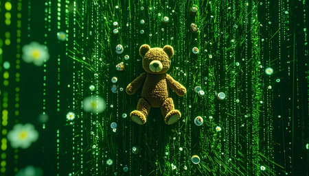 Overhead drone shot of a classic teddy bear surrounded by miniature tea set and fake cupcakes in a grassy meadow, dandelions and daisies scattered around, golden hour lighting, whimsical Teddy Bear Day celebration.の素材