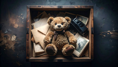 Overhead drone shot of a classic teddy bear surrounded by miniature tea set and fake cupcakes in a grassy meadow, dandelions and daisies scattered around, golden hour lighting, whimsical Teddy Bear Day celebration.の素材